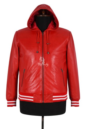 Herren leder kapuzenjacke rot - leder,