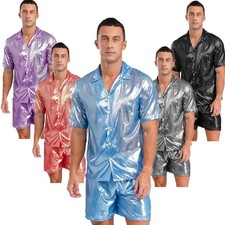 Herren Durchsichtig Metallic Hemd Kurzarm Shirt Revers Knöpfe Shiny Disco Kostüm