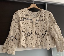 Damen Jacke Cardigan Pullover Netz Häkel Oversize 36-42 Weiß