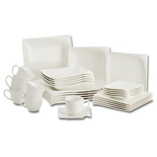 Geschirrset 6 Personen weiß, 30-teilig Kombiservice eckig geschwungene Form