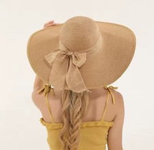 Damen Strohhut Sommerhut 15cm Breite Krempe Beige Hut Strandhut Schleife