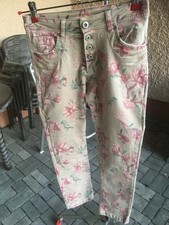 Hose Damen Jeansart Takko Fashion Gr. 34 beige-braun rose-grüne Blüten und Blätt