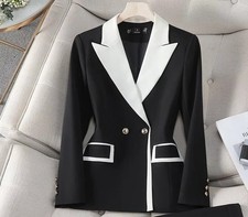Blazer Frau Schwarz Elegant Zweireihig Mit Rückseite Weiß & Buttons Gold CF52321