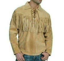 Herren Echt Wildleder Leder Western Wear Jacke Indianer Fransen Cowboy Hemd