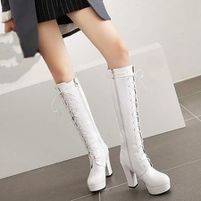 Gr41 Damen Langschaftstiefel Blockabsatz Lackstiefel High Heels Kniehohe Stiefel