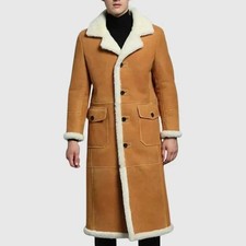 Herren Echtleder Lammfell Lammfell Langer Mantel Camel Hellbraun Winter...