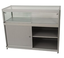 Messetresen mit Vitrine 120x50 cm beleuchtet Messevitrine neu grau Messe Tresen