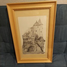 gerahmte Kohlezeichnung  Bleistiftzeichnung Bilderrahmen  Holz Handarbeit Bild