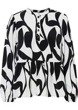 Blusenshirt mit Knopfleiste Gr. 36 Weiß Schwarz Bedruckt Damen Bluse Hemd Neu