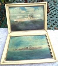 2 Öl - Gemälde  2.WK Kriegsmarine Deutsches Kriegsschiff im Dienst, 50er Jahre