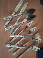 Besteckset 11 Teile in Bambus Muster - Messing? 1 Messer fehlt, massiv 
