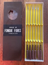 Midcentury Retro Vintage 6 Stk. Fonduegabeln OVP Edelstahl Rosenholzgriffe 60 70