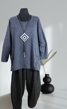 Lagenlook Strick Pullover Long kratzfrei EG 48 50 52 54 56 Taschen A-Linie blau