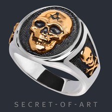 Freimaurer Ring Totenkopf Allsehendes Auge Memento Freemason 925 Silber 18K-vergoldet