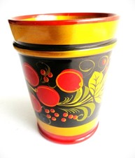 Russisches Holzgeschirr Becher Khokhloma Gold Schwarz Rot-Lack, 80er Jahre