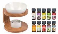 Duftlampe Natur Öllampe Aromalampe aus Holz Bambus - Keramik inkl. 10 Duftöle