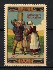 Reklamemarke Kathreiners Malzkaffee, Landarbeiter und Bäuerin trinken Wein im S 