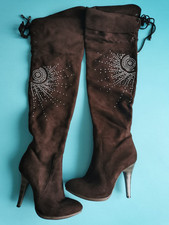 Wunderschöne Overkneestiefel mit Strass-Applikationen Farbe Mokka, Gr. 39, NEU