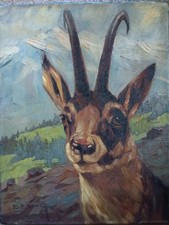 Ölgemälde auf Leinwand: Gamsbock-Portrait vom Maler E.Lang, auf Rahmen, 32x41cm