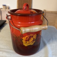 Milchkanne, Emaille, 2,5 l, mit Deckel &Holzgriff, rot/orange mit Blumenornament
