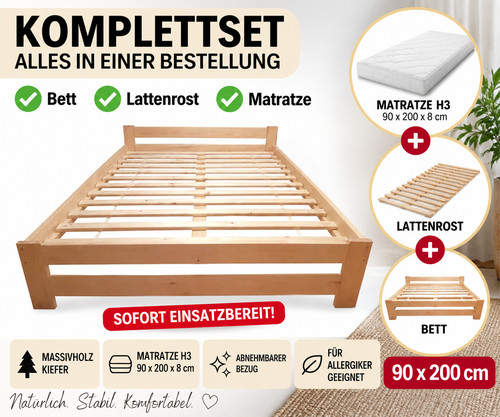 Komplettbett 90x200 holz inkl - komplettbett,