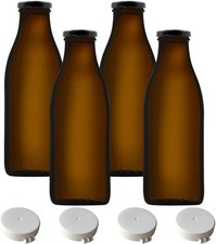 mikken 4x  Glasflasche 1 Liter braun mit Schraubdeckel + 4 Frischhaltedeckel