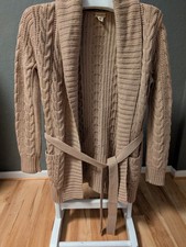 Hess Natur Damen Strickjacke Long Schurwolle Alpaka Beige Zopfmuster Neuwertig