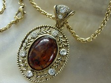 Bernstein Mode Kette 40 mm ovales Amulett Hals Kette m.Zirkonia & Kette 56 cm