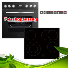 Einbau Herdset Backofen 65 L mit Glaskeramik Kochfeld Teleskopauszug Schwarz NEU