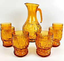 Enesco Rossini Empoli Saftservice 60er Jahre – Kanne & 6 Gläser Bernstein Glas