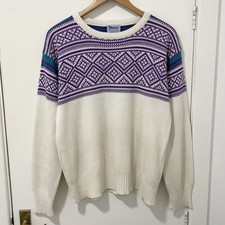 Vintage Meister Alpin Ski Pullover Damen M weiß lila Wollmischung Strick nordisch