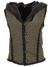 Kurze Goa Weste mit weiter, flauschiger Kapuze `Flower of Life` - olivgrün/sch