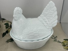 VINTAGE große weiße Milchglas Huhn Henne Deckelschale Schüssel Eieraufbewahrung