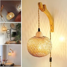 Innen Wandleuchte Vintage Wandlampe mit Stecker & Schalter Retro Bambus Laterne