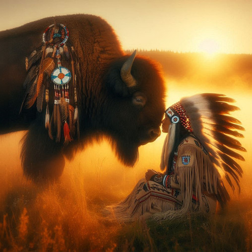 Wandbild bison indianer - indianer, frau