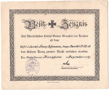 Original Urkunde zum  Eisernes Kreuz 2.Klasse Bayern