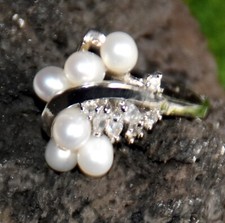 Edelstal Silber & Echte Süßwasser Perlen Ring mit Strass Neu P. Weiß,Blauschwarz