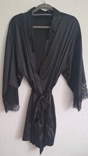 Damen Morgenmantel kurzer Kimono optik Satin mit Spitze sehr leicht schwarz XS/S