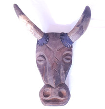 Bulgarische Volkskunst Wanddeko - Kuh Maske aus Holz & echtem Horn 50cm - 1978