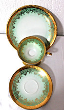 RW Karlsbader Porzellan Sammelgedeck Sammeltasse Grün-Gold Ätzgold 3Tlg. Unikat