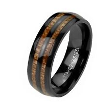 Schwarzer Edelstahl Ring Doppel Holz Inlay Damen Herren Band Holzmaserung