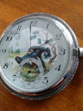 Savonette Taschenuhr versilbert Ziffernblatt Motiv Jagd Auerhahn