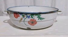Alte Emaille Schüssel mit Griffen 28 Ø cm Fb. Weiß mit Blumen Schüsseln Email S2