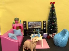 Barbie Fashion Möbel Wohnzimmer, Sofa, Regal,Tv Schrank, Tisch,Teppich, Zubehör