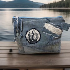 kosmetiktasche damen Maritim Neu Selbstgenäht Jeanspatchwork Gr 19-16