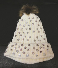 Damen Winter Bommel Mütze,creme mit Glitzerblüten, HEM & EDGE