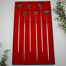 6x Schaschlik-Spieße Grillspieße Metall mit Tierfigur Kuh Schaf Hahn Wildschwein