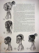 Original alter Vintage Druck Soudan Soudanese Frisur Skizzen Französisch 1937