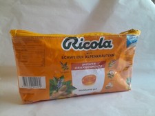 Candy Wrapper Zipper Pouch Upcycled RICOLA Bag, Handmade Orange, Lined, PVC Out