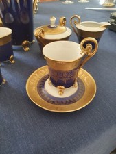 AOFI Porzellan Manufaktur Bavaria Ätzdekor 4er Mokka-Set kobalt-blau mit Gold